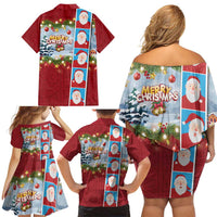 Merry Christmas Family Matching Off Shoulder Short Dress and Hawaiian Shirt Funny Santa Claus Cards Photo and Polynesian Pattern Red Color LT03 - Polynesian Pride