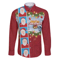 Merry Christmas Family Matching Off Shoulder Short Dress and Hawaiian Shirt Funny Santa Claus Cards Photo and Polynesian Pattern Red Color LT03 Dad's Shirt - Long Sleeve Red - Polynesian Pride