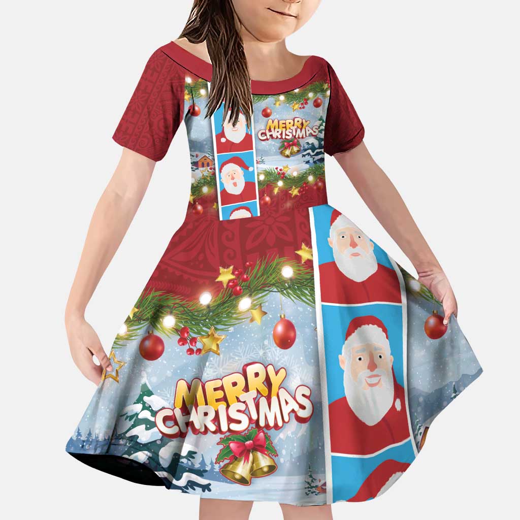 Merry Christmas Family Matching Puletasi and Hawaiian Shirt Funny Santa Claus Cards Photo and Polynesian Pattern Red Color LT03 Daughter's Dress Red - Polynesian Pride