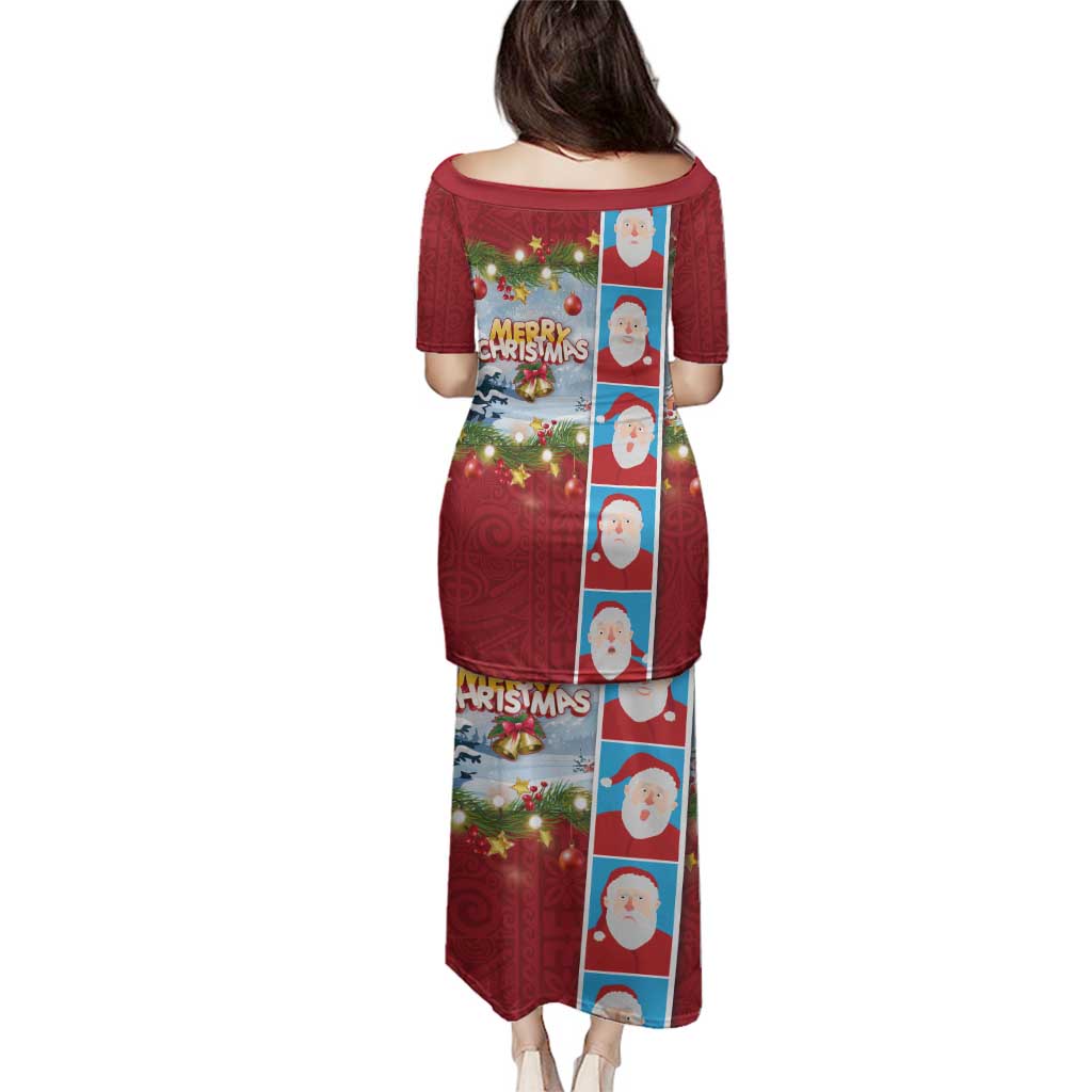 Merry Christmas Family Matching Puletasi and Hawaiian Shirt Funny Santa Claus Cards Photo and Polynesian Pattern Red Color LT03 - Polynesian Pride