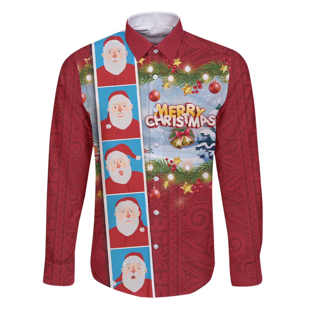 Merry Christmas Family Matching Short Sleeve Bodycon Dress and Hawaiian Shirt Funny Santa Claus Cards Photo and Polynesian Pattern Red Color LT03 Dad's Shirt - Long Sleeve Red - Polynesian Pride