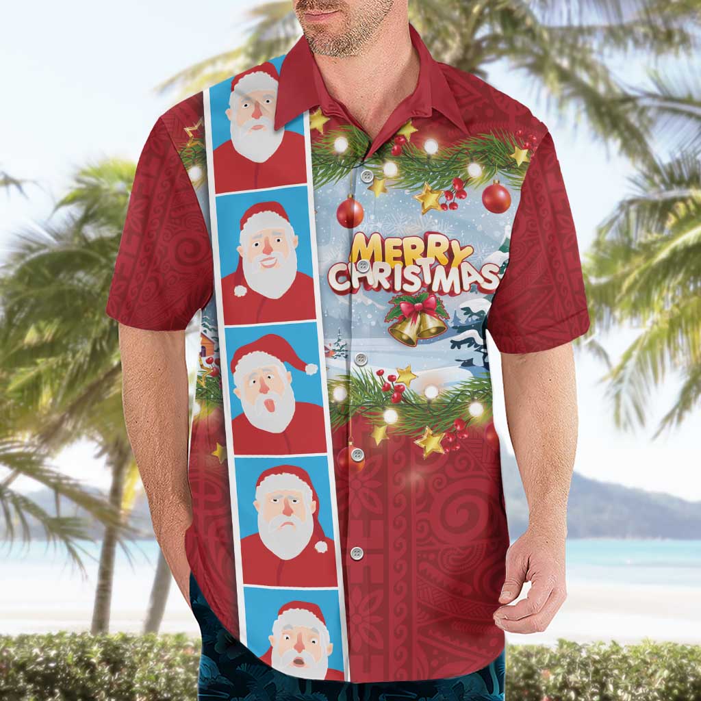 Merry Christmas Hawaiian Shirt Funny Santa Claus Cards Photo and Polynesian Pattern Red Color LT03 - Polynesian Pride
