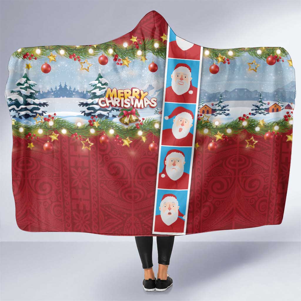Merry Christmas Hooded Blanket Funny Santa Claus Cards Photo and Polynesian Pattern Red Color LT03 One Size Red - Polynesian Pride
