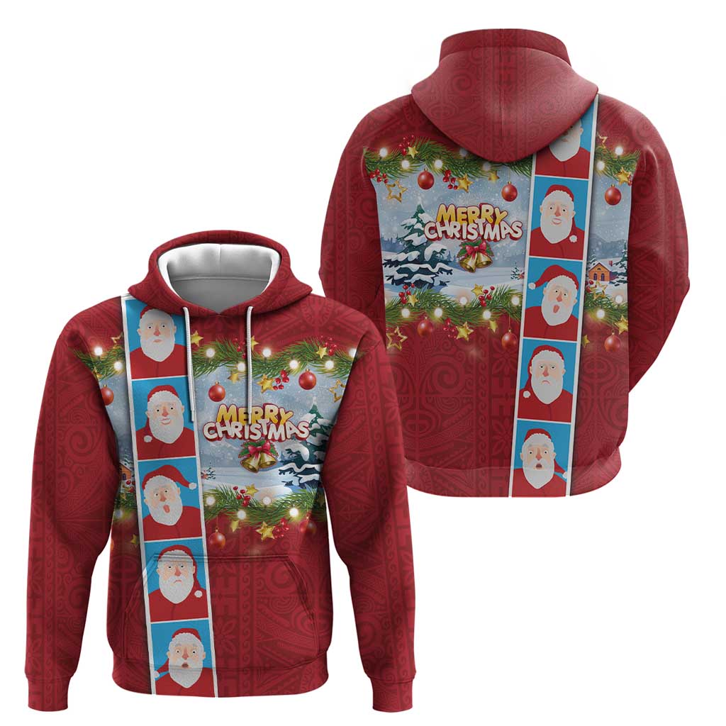 Merry Christmas Hoodie Funny Santa Claus Cards Photo and Polynesian Pattern Red Color LT03 - Polynesian Pride