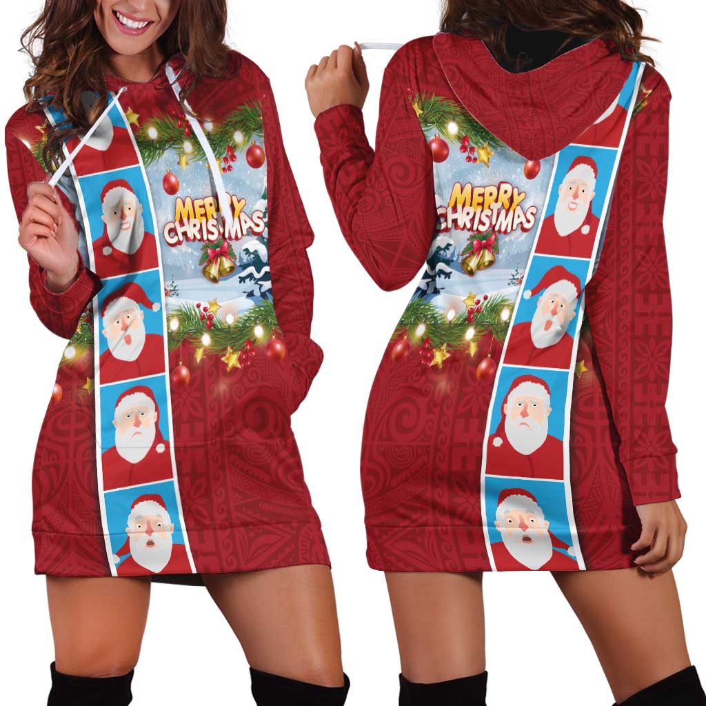 Merry Christmas Hoodie Dress Funny Santa Claus Cards Photo and Polynesian Pattern Red Color LT03 - Polynesian Pride
