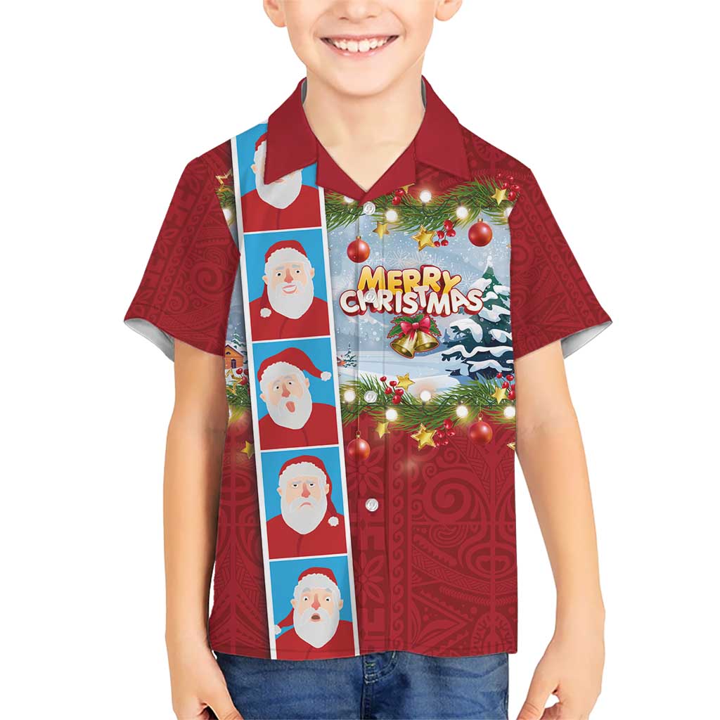 Merry Christmas Kid Hawaiian Shirt Funny Santa Claus Cards Photo and Polynesian Pattern Red Color LT03 Kid Red - Polynesian Pride