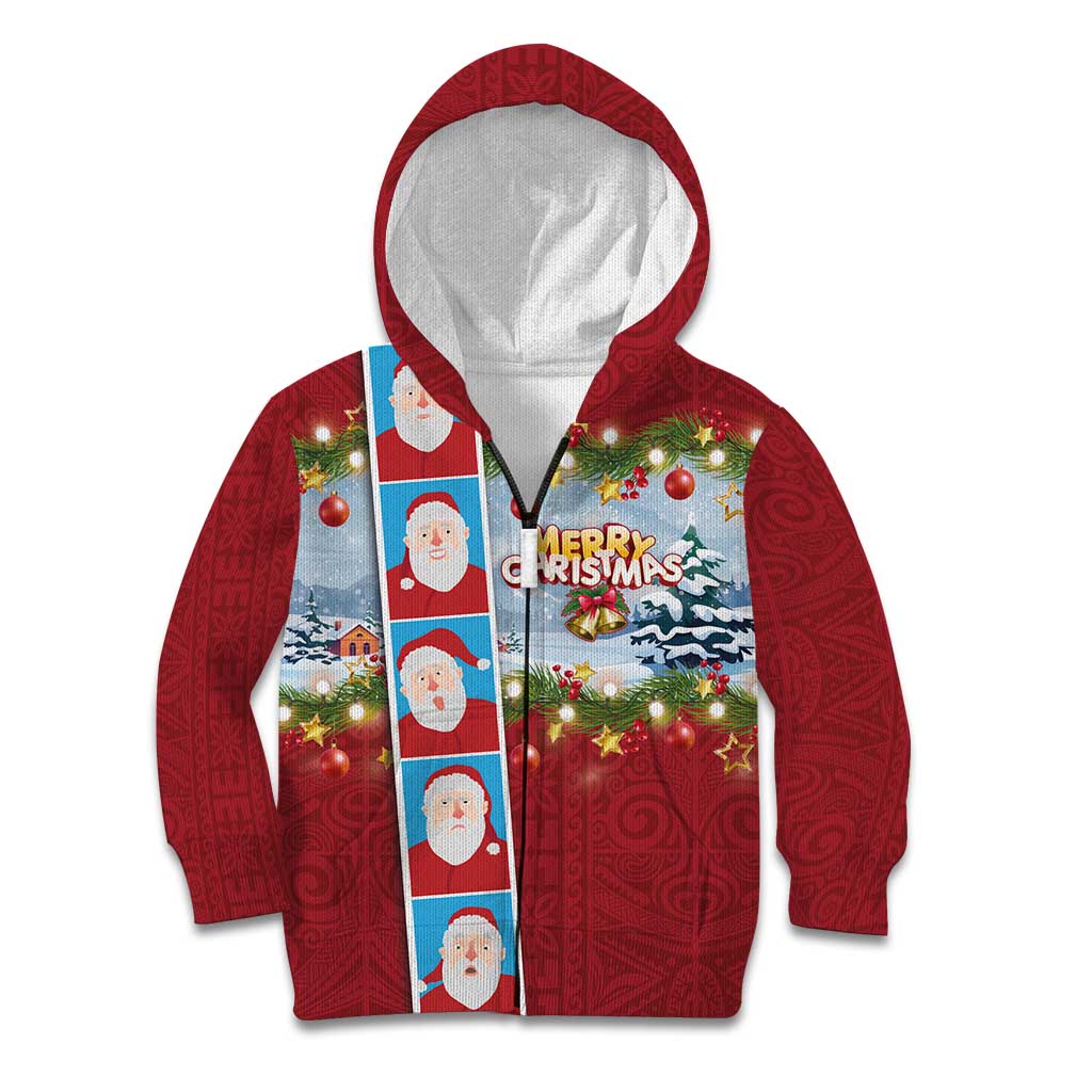 Merry Christmas Kid Hoodie Funny Santa Claus Cards Photo and Polynesian Pattern Red Color LT03 Zip Hoodie Red - Polynesian Pride