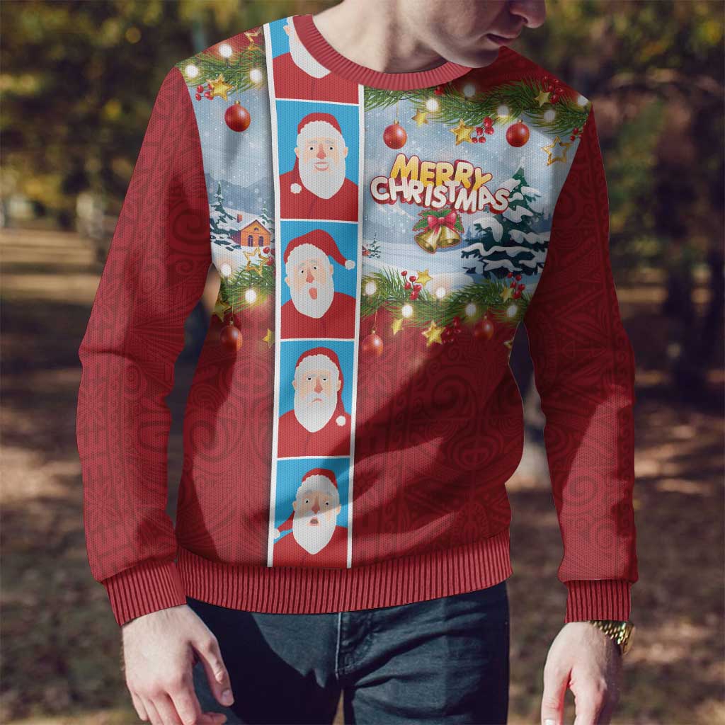 Merry Christmas Ugly Christmas Sweater Funny Santa Claus Cards Photo and Polynesian Pattern Red Color LT03 - Polynesian Pride