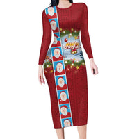 Merry Christmas Long Sleeve Bodycon Dress Funny Santa Claus Cards Photo and Polynesian Pattern Red Color LT03 Long Dress Red - Polynesian Pride