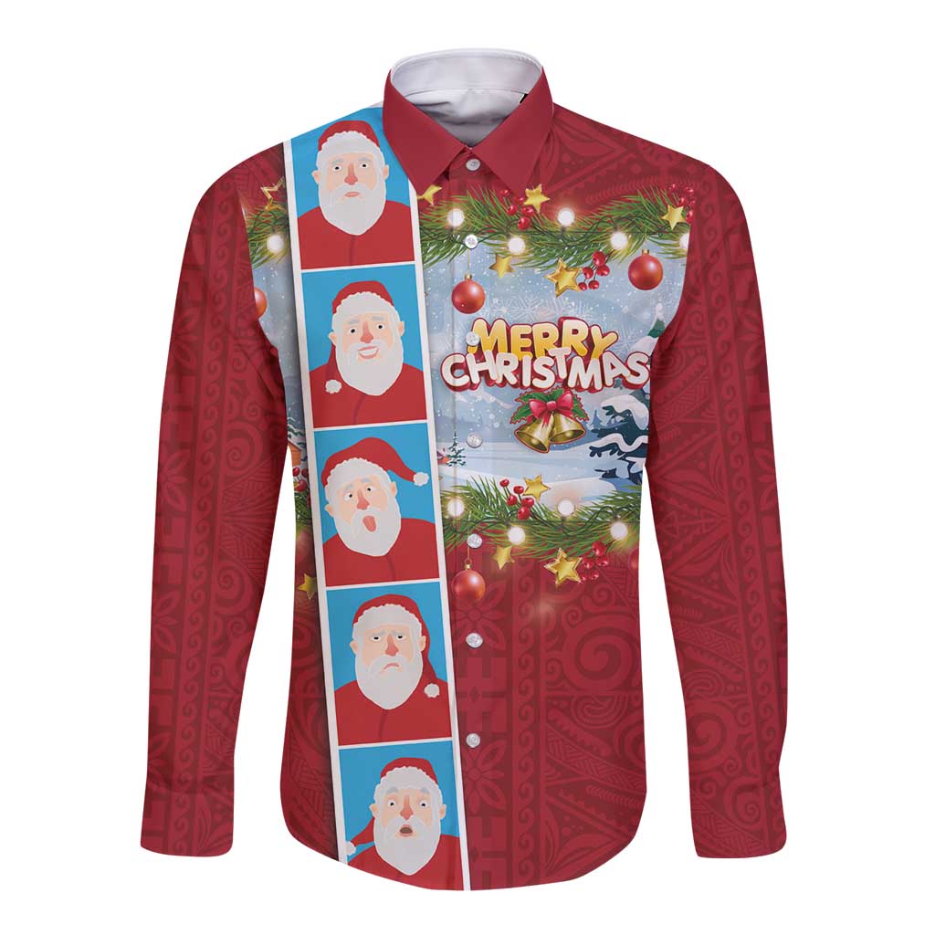 Merry Christmas Long Sleeve Button Shirt Funny Santa Claus Cards Photo and Polynesian Pattern Red Color LT03 Unisex Red - Polynesian Pride