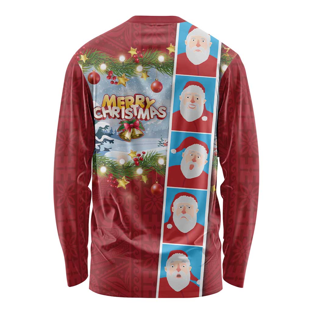 Merry Christmas Long Sleeve Shirt Funny Santa Claus Cards Photo and Polynesian Pattern Red Color LT03 - Polynesian Pride