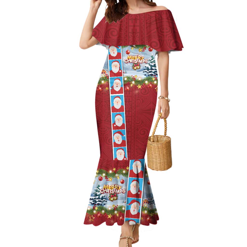 Merry Christmas Mermaid Dress Funny Santa Claus Cards Photo and Polynesian Pattern Red Color LT03 Women Red - Polynesian Pride