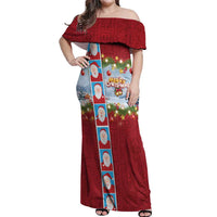 Merry Christmas Off Shoulder Maxi Dress Funny Santa Claus Cards Photo and Polynesian Pattern Red Color LT03 Women Red - Polynesian Pride