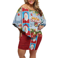 Merry Christmas Off Shoulder Short Dress Funny Santa Claus Cards Photo and Polynesian Pattern Red Color LT03 Women Red - Polynesian Pride