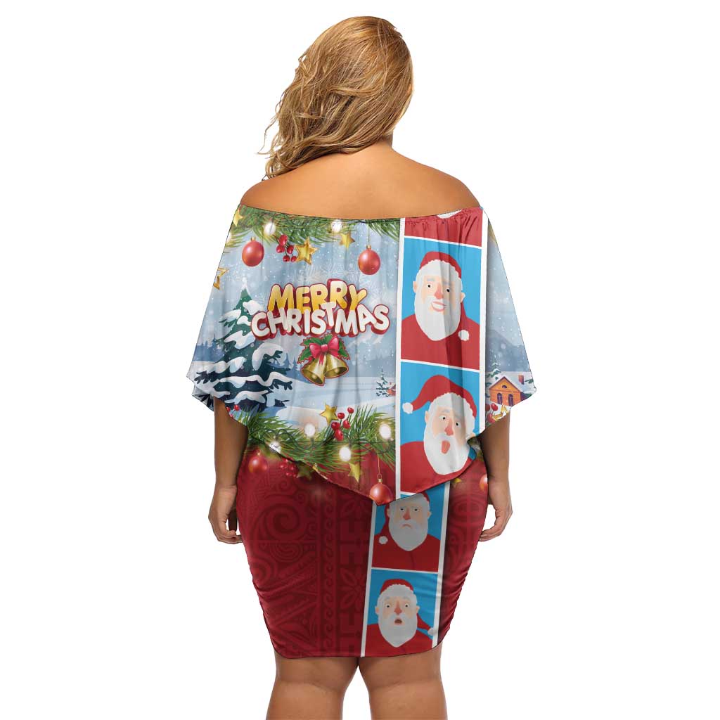Merry Christmas Off Shoulder Short Dress Funny Santa Claus Cards Photo and Polynesian Pattern Red Color LT03 - Polynesian Pride