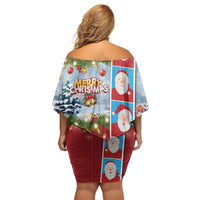 Merry Christmas Off Shoulder Short Dress Funny Santa Claus Cards Photo and Polynesian Pattern Red Color LT03 - Polynesian Pride
