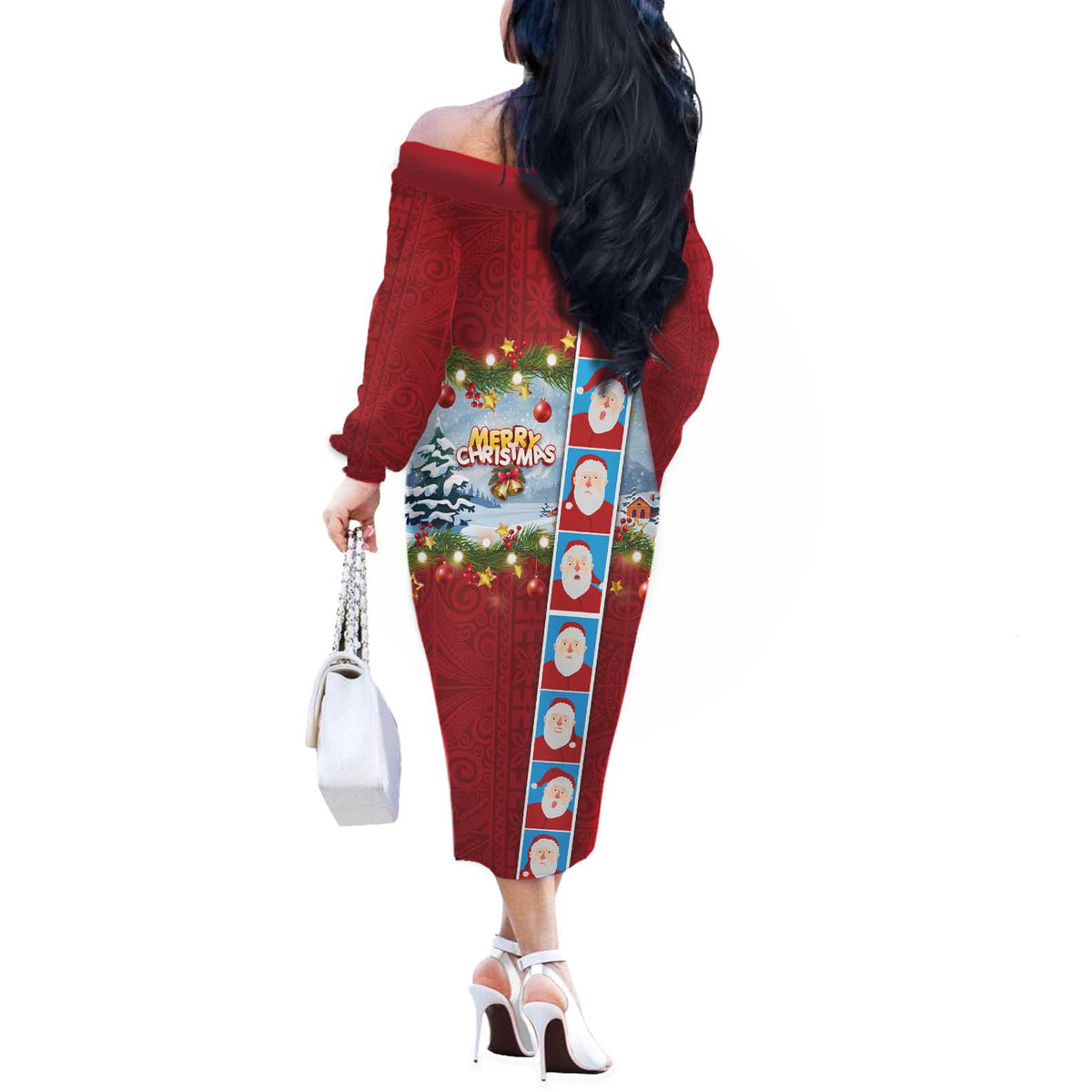 Merry Christmas Off The Shoulder Long Sleeve Dress Funny Santa Claus Cards Photo and Polynesian Pattern Red Color LT03 - Polynesian Pride