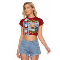 Merry Christmas Raglan Cropped T Shirt Funny Santa Claus Cards Photo and Polynesian Pattern Red Color LT03 Female Red - Polynesian Pride