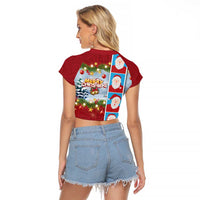 Merry Christmas Raglan Cropped T Shirt Funny Santa Claus Cards Photo and Polynesian Pattern Red Color LT03 - Polynesian Pride