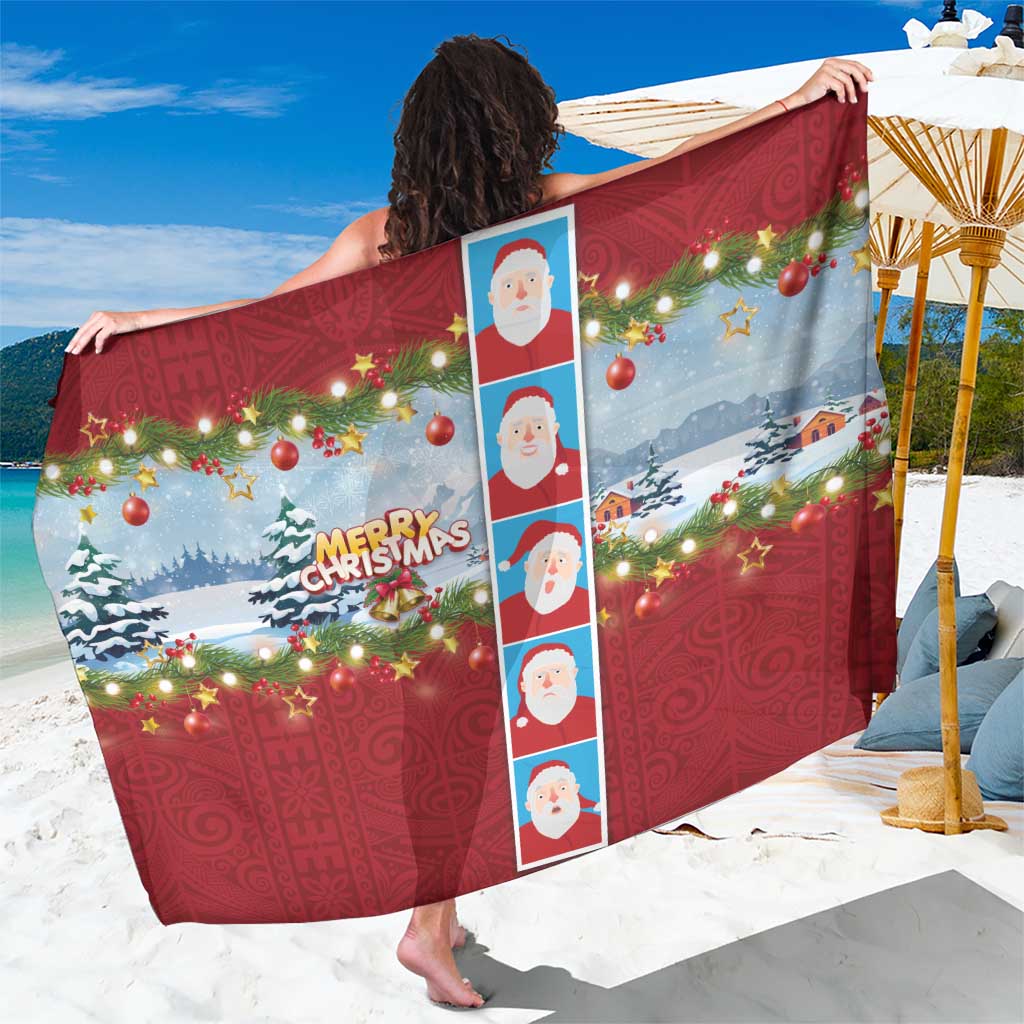 Merry Christmas Sarong Funny Santa Claus Cards Photo and Polynesian Pattern Red Color