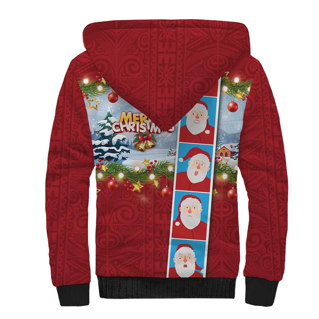 Merry Christmas Sherpa Hoodie Funny Santa Claus Cards Photo and Polynesian Pattern Red Color LT03 - Polynesian Pride