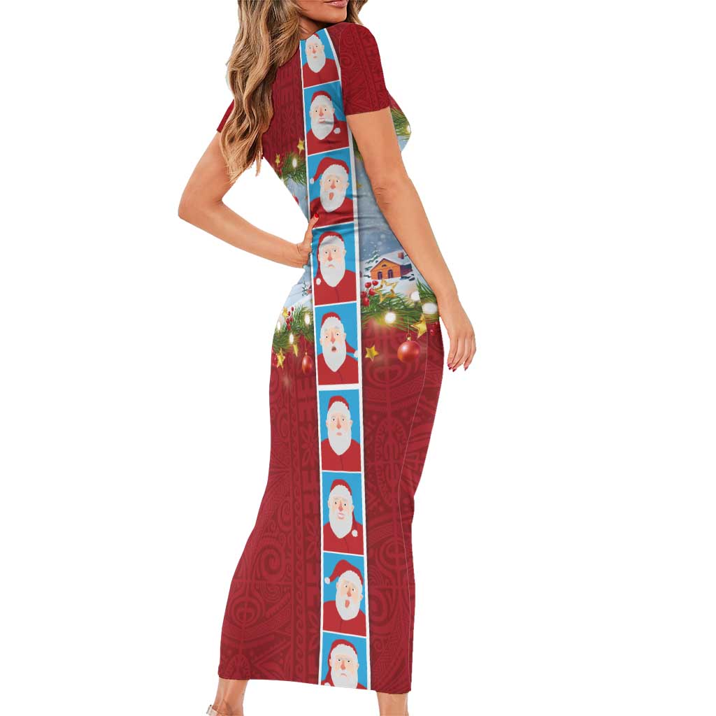 Merry Christmas Short Sleeve Bodycon Dress Funny Santa Claus Cards Photo and Polynesian Pattern Red Color LT03 - Polynesian Pride