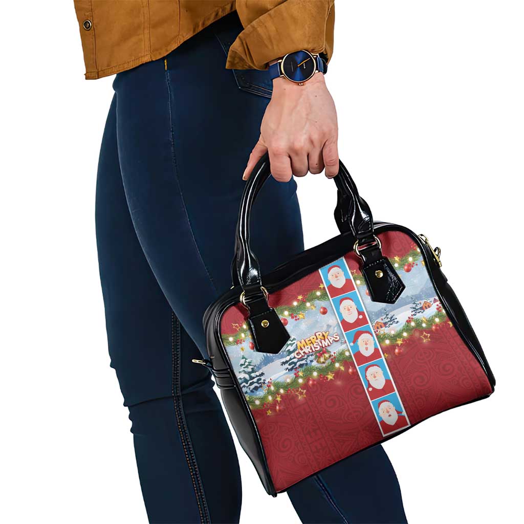Merry Christmas Shoulder Handbag Funny Santa Claus Cards Photo and Polynesian Pattern Red Color