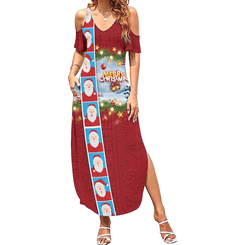 Merry Christmas Summer Maxi Dress Funny Santa Claus Cards Photo and Polynesian Pattern Red Color LT03 Women Red - Polynesian Pride