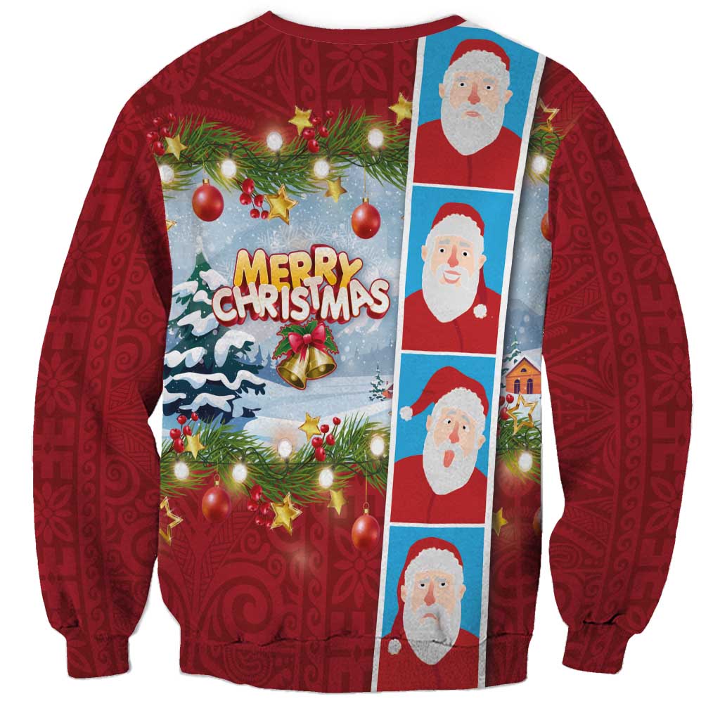 Merry Christmas Sweatshirt Funny Santa Claus Cards Photo and Polynesian Pattern Red Color LT03 - Polynesian Pride