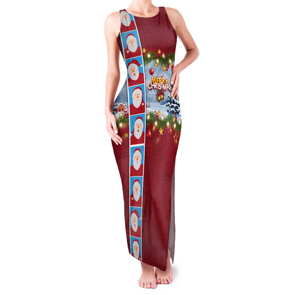 Merry Christmas Tank Maxi Dress Funny Santa Claus Cards Photo and Polynesian Pattern Red Color LT03 Women Red - Polynesian Pride