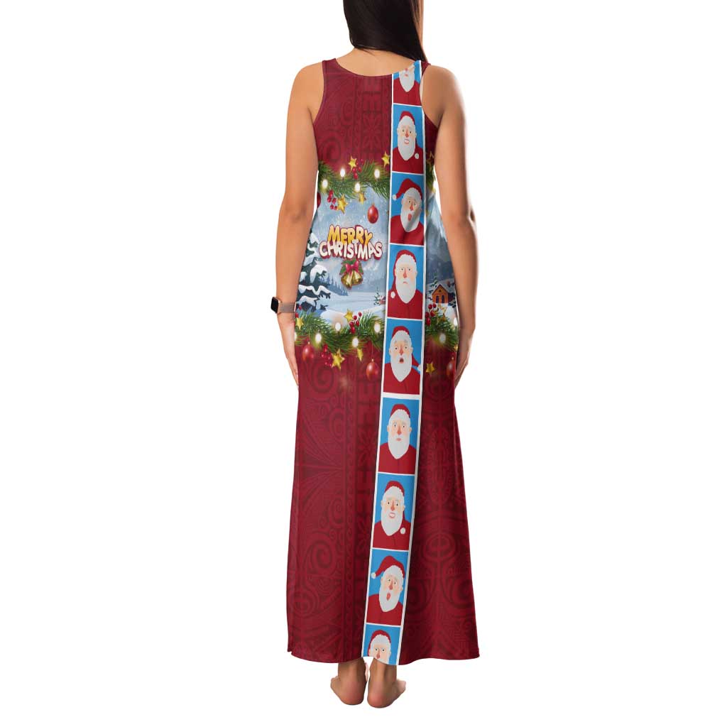 Merry Christmas Tank Maxi Dress Funny Santa Claus Cards Photo and Polynesian Pattern Red Color LT03 - Polynesian Pride