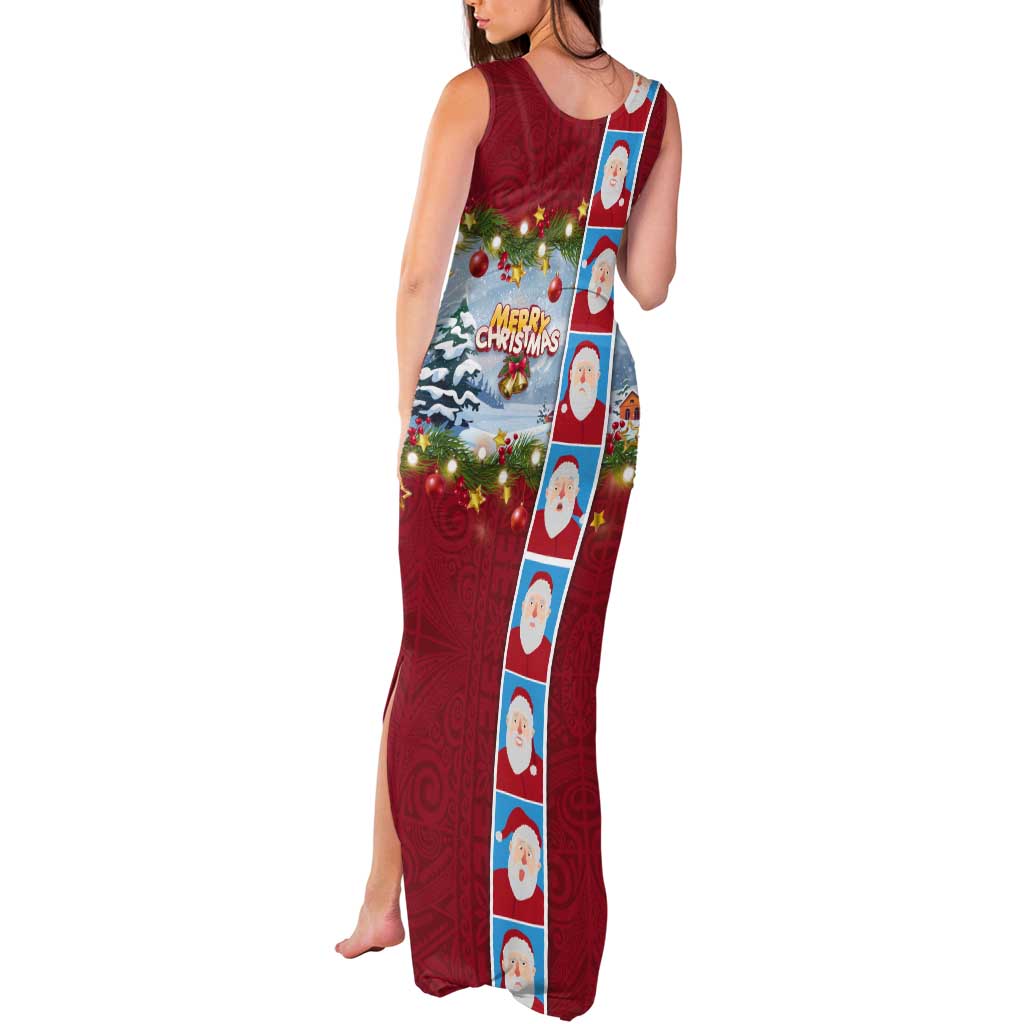 Merry Christmas Tank Maxi Dress Funny Santa Claus Cards Photo and Polynesian Pattern Red Color LT03 - Polynesian Pride