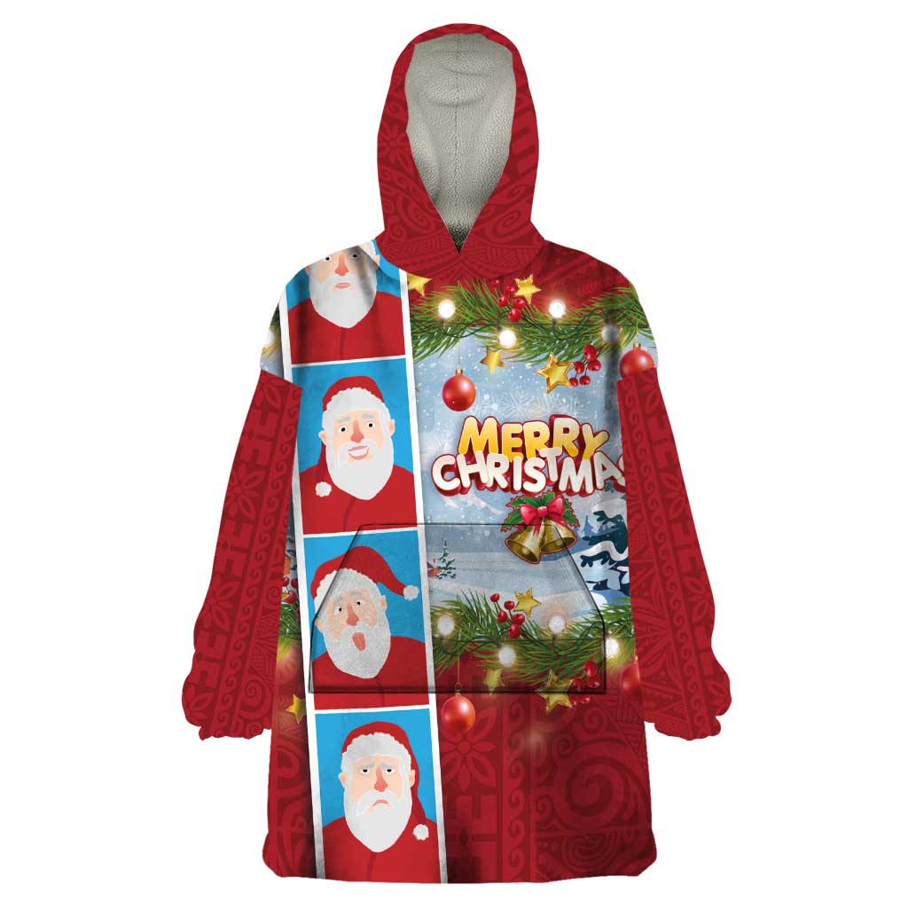 Merry Christmas Wearable Blanket Hoodie Funny Santa Claus Cards Photo and Polynesian Pattern Red Color LT03 One Size Red - Polynesian Pride