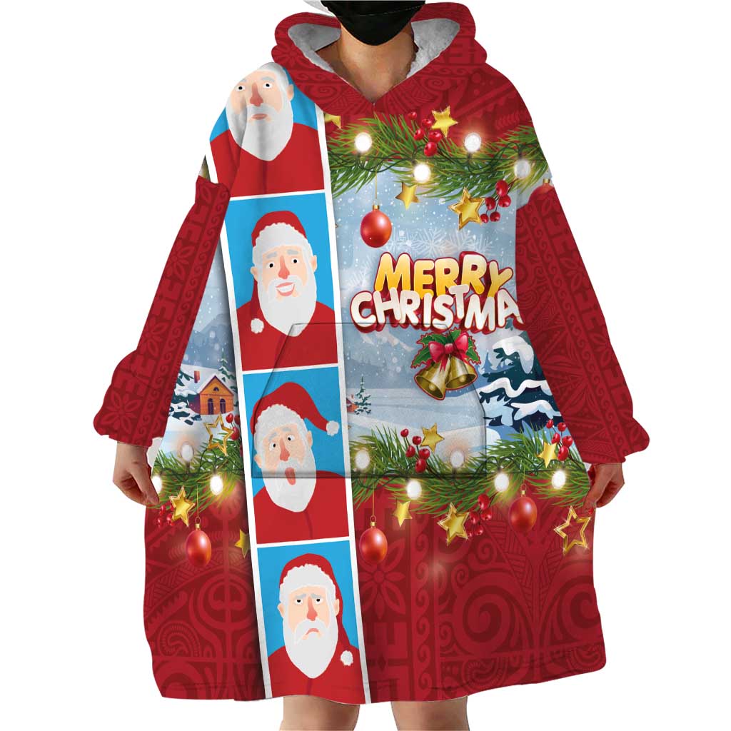 Merry Christmas Wearable Blanket Hoodie Funny Santa Claus Cards Photo and Polynesian Pattern Red Color LT03 - Polynesian Pride