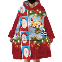 Merry Christmas Wearable Blanket Hoodie Funny Santa Claus Cards Photo and Polynesian Pattern Red Color LT03 - Polynesian Pride