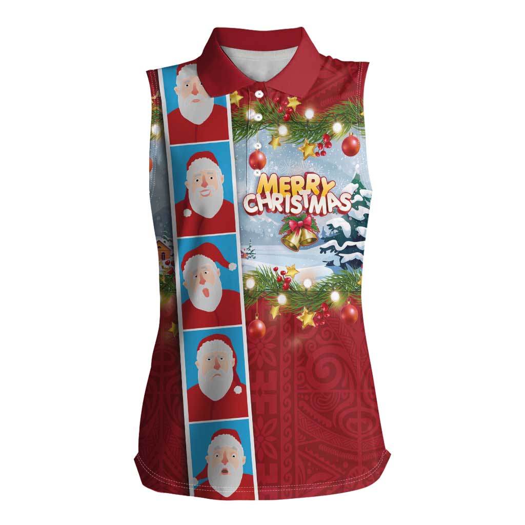 Merry Christmas Women Sleeveless Polo Shirt Funny Santa Claus Cards Photo and Polynesian Pattern Red Color LT03 Female Red - Polynesian Pride