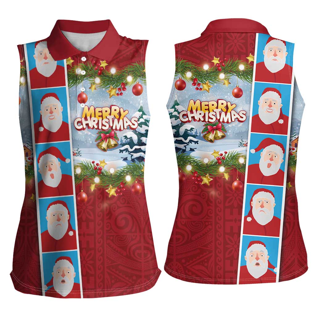 Merry Christmas Women Sleeveless Polo Shirt Funny Santa Claus Cards Photo and Polynesian Pattern Red Color LT03 - Polynesian Pride