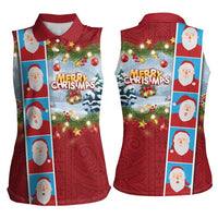 Merry Christmas Women Sleeveless Polo Shirt Funny Santa Claus Cards Photo and Polynesian Pattern Red Color LT03 - Polynesian Pride