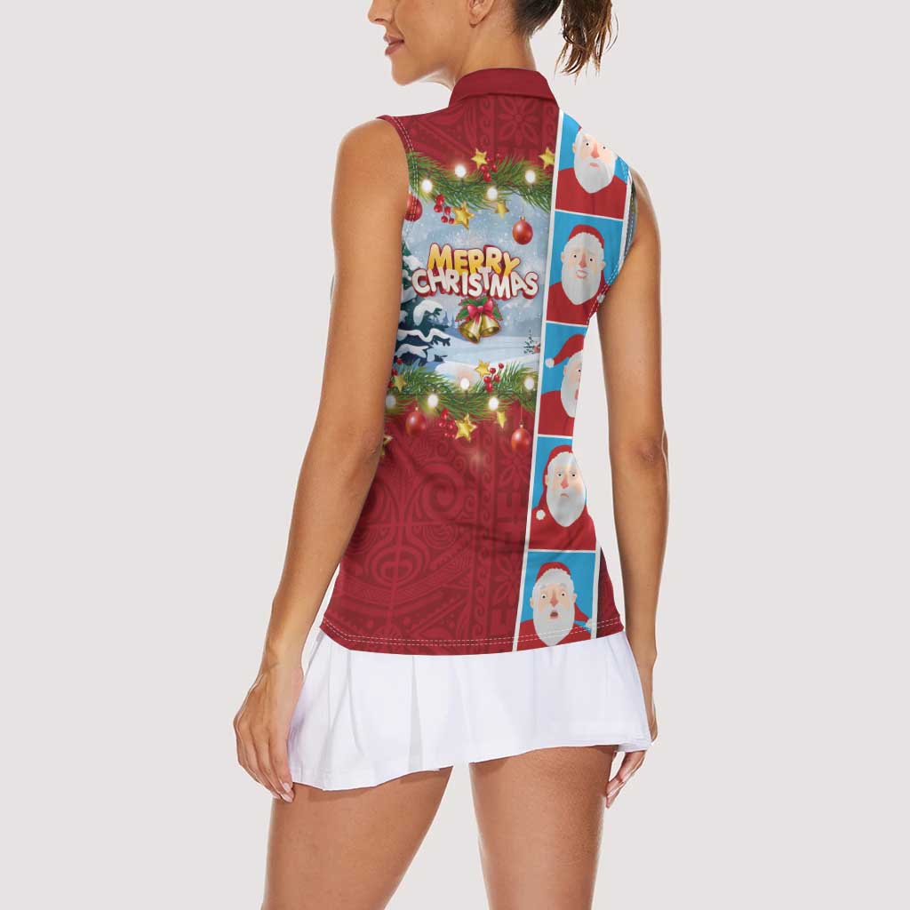 Merry Christmas Women Sleeveless Polo Shirt Funny Santa Claus Cards Photo and Polynesian Pattern Red Color LT03 - Polynesian Pride
