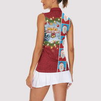 Merry Christmas Women Sleeveless Polo Shirt Funny Santa Claus Cards Photo and Polynesian Pattern Red Color LT03 - Polynesian Pride
