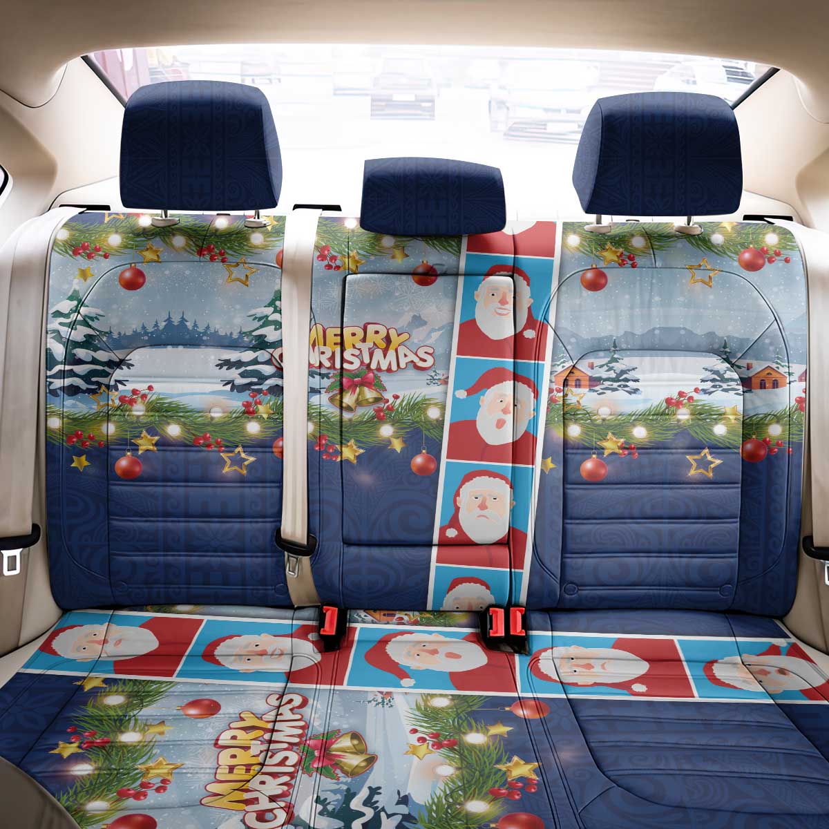 Merry Christmas Back Car Seat Cover Funny Santa Claus Cards Photo and Polynesian Pattern Blue Color LT03 - Polynesian Pride