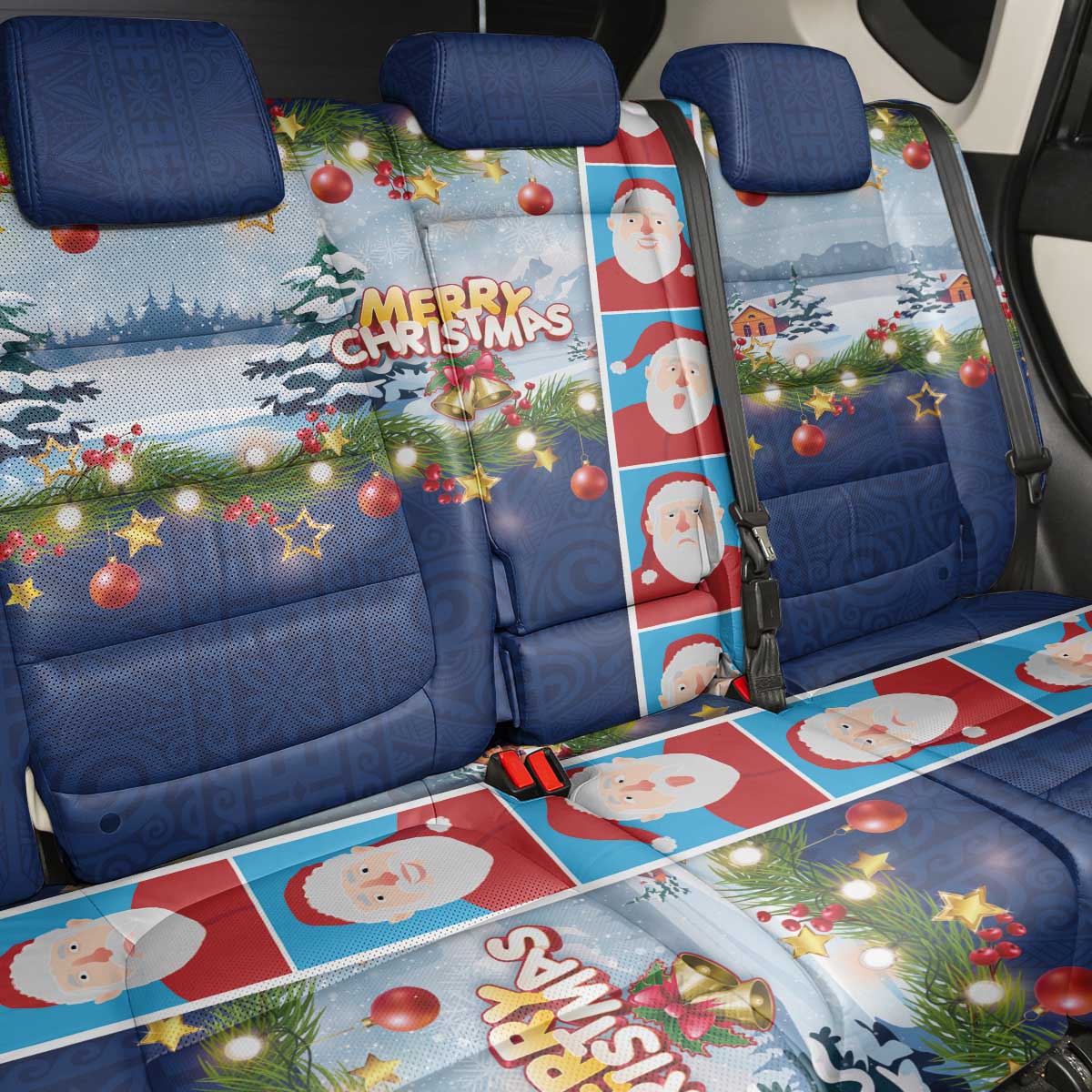 Merry Christmas Back Car Seat Cover Funny Santa Claus Cards Photo and Polynesian Pattern Blue Color LT03 - Polynesian Pride