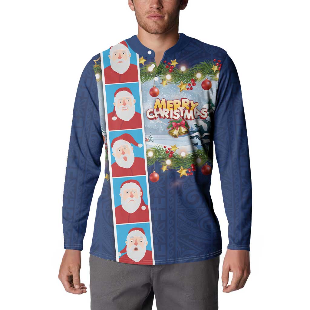 Merry Christmas Button Sweatshirt Funny Santa Claus Cards Photo and Polynesian Pattern Blue Color