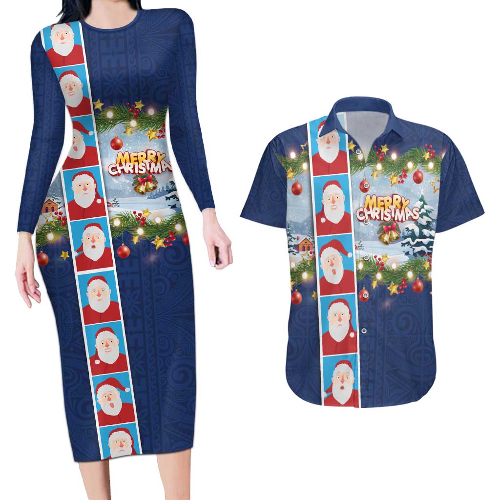 Merry Christmas Couples Matching Long Sleeve Bodycon Dress and Hawaiian Shirt Funny Santa Claus Cards Photo and Polynesian Pattern Blue Color LT03 Blue - Polynesian Pride