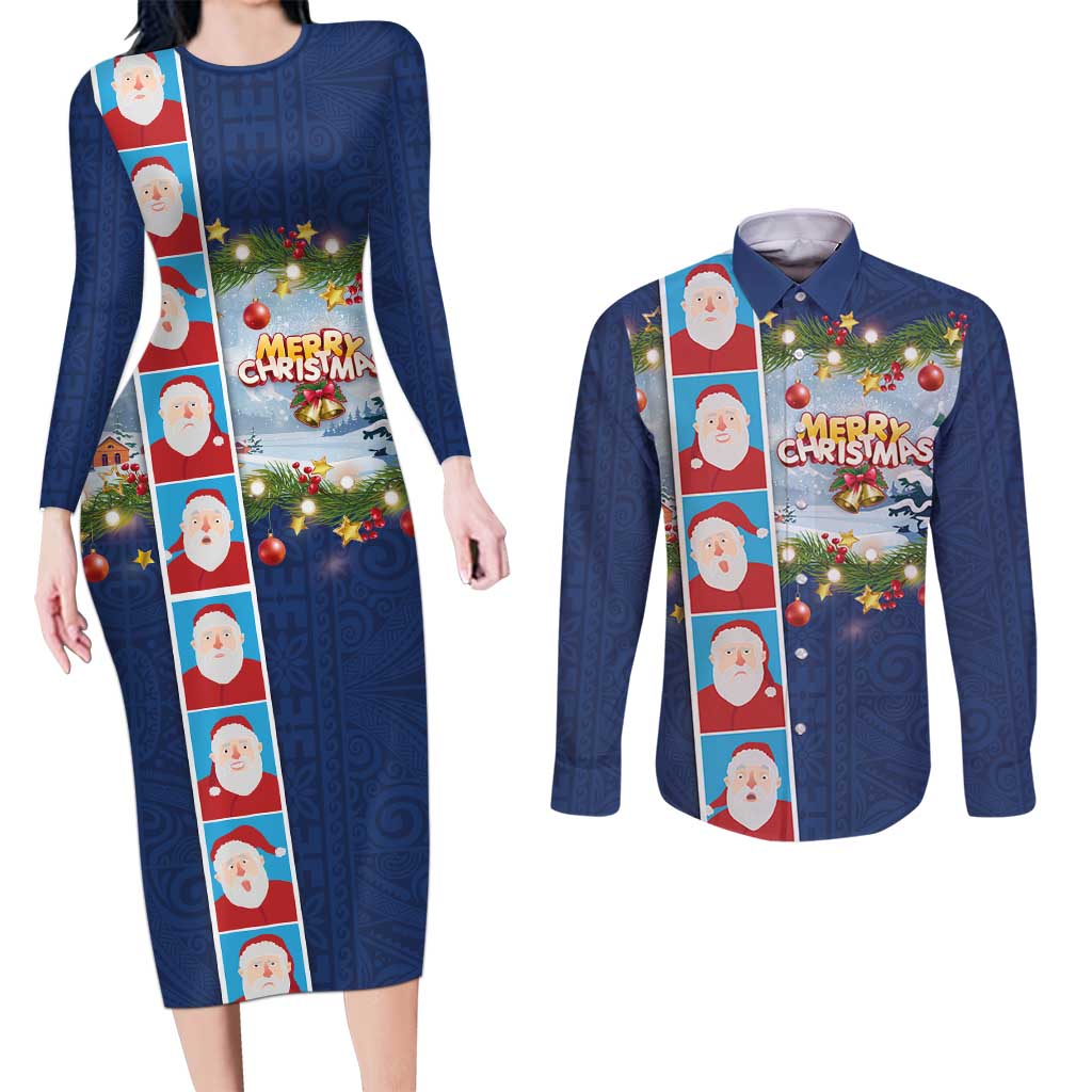 Merry Christmas Couples Matching Long Sleeve Bodycon Dress and Long Sleeve Button Shirt Funny Santa Claus Cards Photo and Polynesian Pattern Blue Color LT03 Blue - Polynesian Pride