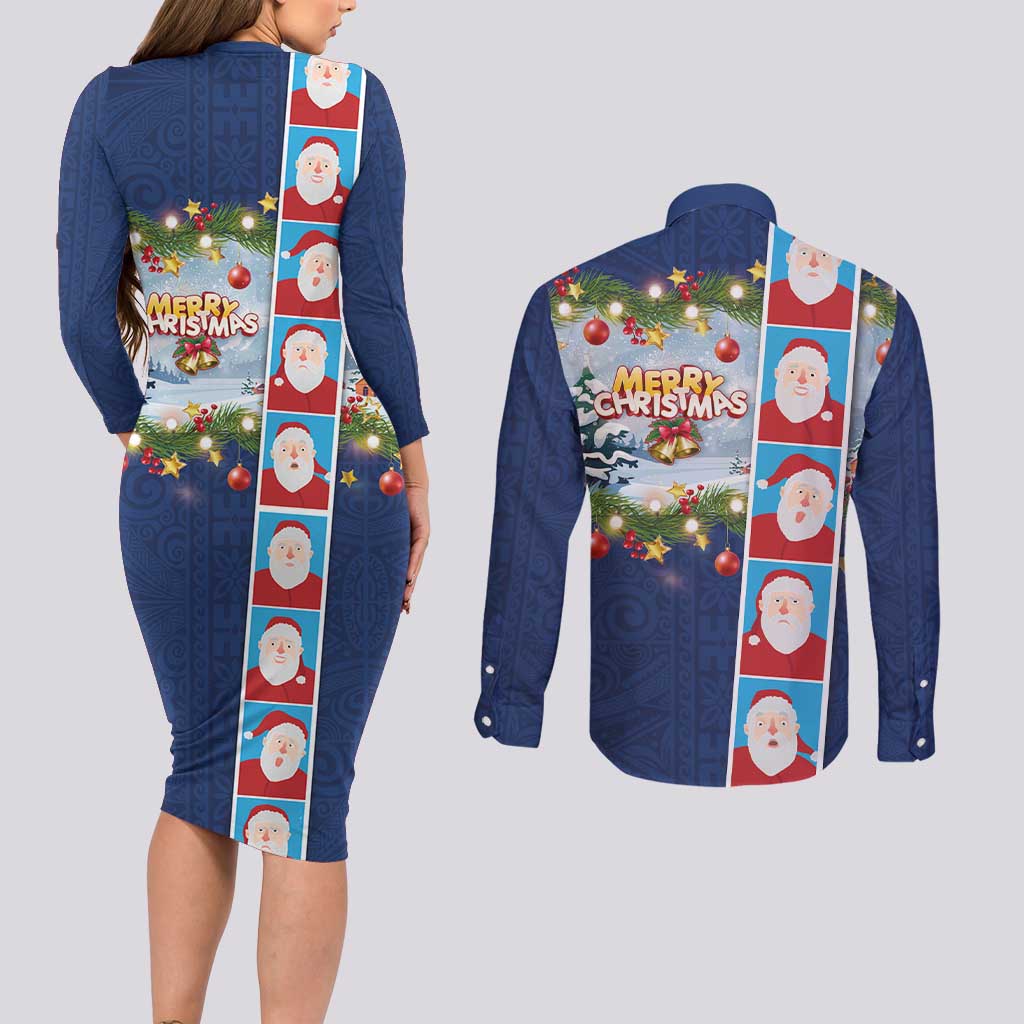 Merry Christmas Couples Matching Long Sleeve Bodycon Dress and Long Sleeve Button Shirt Funny Santa Claus Cards Photo and Polynesian Pattern Blue Color LT03 - Polynesian Pride