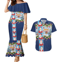 Merry Christmas Couples Matching Mermaid Dress and Hawaiian Shirt Funny Santa Claus Cards Photo and Polynesian Pattern Blue Color LT03 Blue - Polynesian Pride