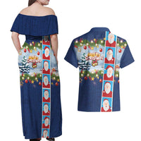 Merry Christmas Couples Matching Off Shoulder Maxi Dress and Hawaiian Shirt Funny Santa Claus Cards Photo and Polynesian Pattern Blue Color LT03 - Polynesian Pride