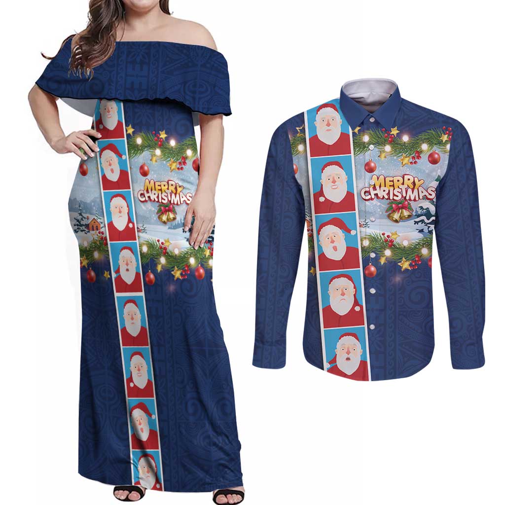 Merry Christmas Couples Matching Off Shoulder Maxi Dress and Long Sleeve Button Shirt Funny Santa Claus Cards Photo and Polynesian Pattern Blue Color LT03 Blue - Polynesian Pride
