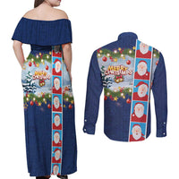 Merry Christmas Couples Matching Off Shoulder Maxi Dress and Long Sleeve Button Shirt Funny Santa Claus Cards Photo and Polynesian Pattern Blue Color LT03 - Polynesian Pride